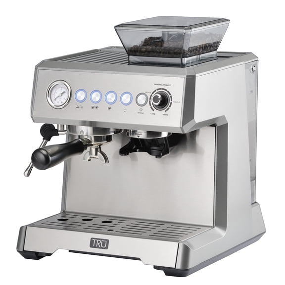TRU All-in-One Espresso Maker with Grinder & Steam Wand - Premium Espresso Machine with Built-In Coffee Grinder - 15 Bar Pressure Pump - Adjustable Steam Controls & Cup Warmer