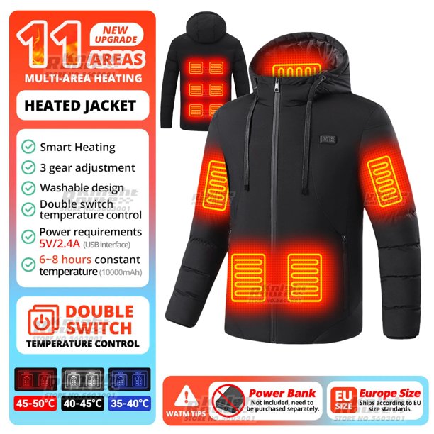 Chaleco autocalentado de 11 áreas para hombre y mujer, chaqueta térmica USB, ropa de abrigo lavable para acampar, Invierno