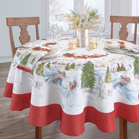 Elrene Home Fashions Santa’s Snowy Sleighride Tablecloth, Multi, 60" x 84" Oval
