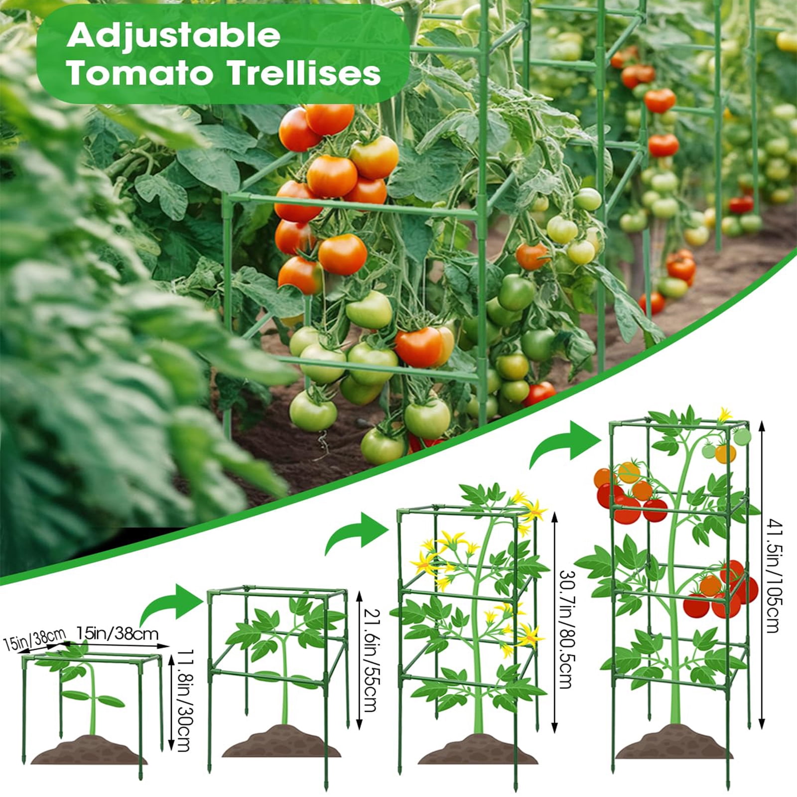 MQHUAYU 6 Pack Green Square Tomato Cages, 41.7" Heavy Duty Plant Support Cages with 20 Plant Clips, Plastic-Coated Steel Rust-Resistant Trellis for Garden Climbing Vegetables, Flowers and Fruits