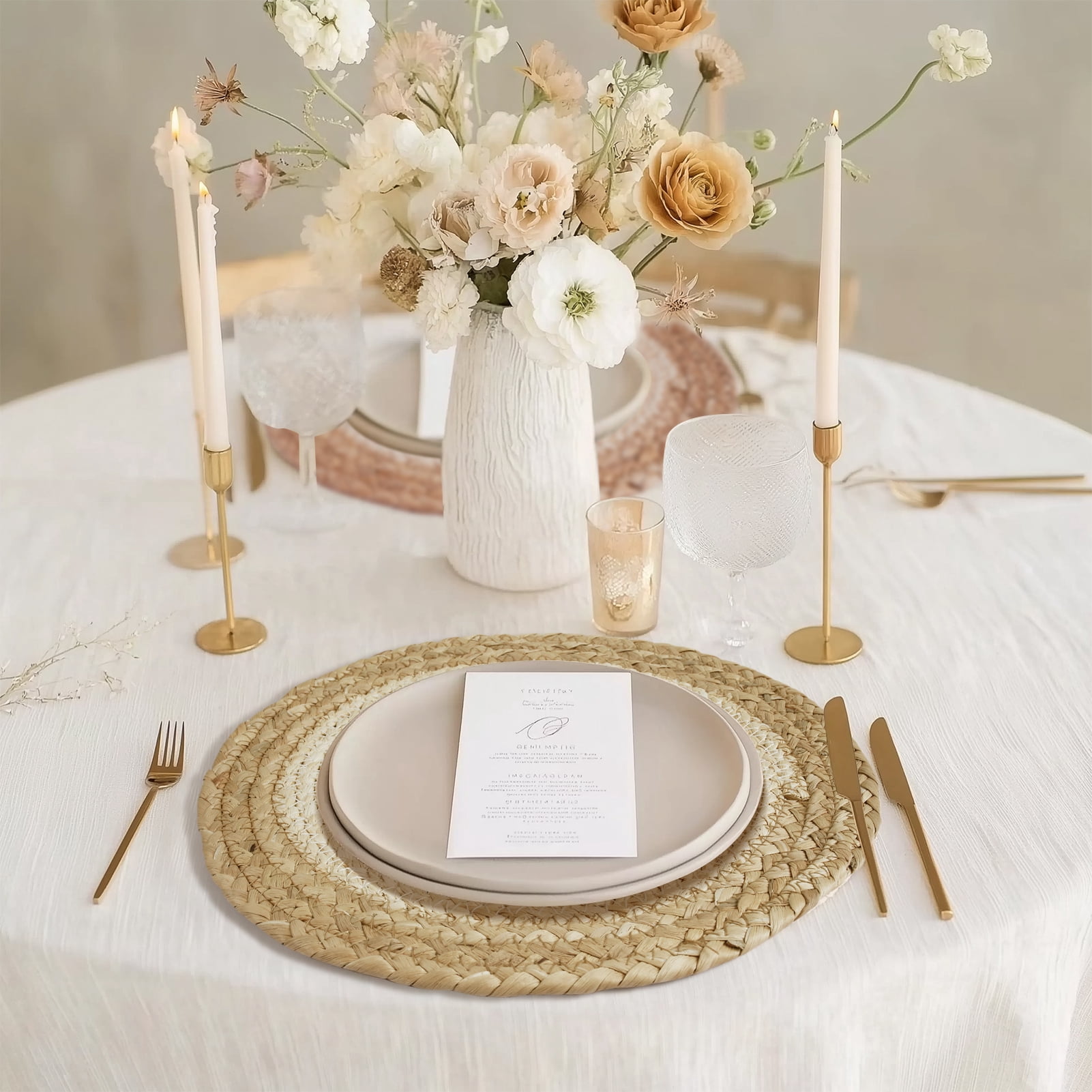 6 Pack Round Woven Placemats Natural Water Hyacinth Wicker Place mats Braided Straw Table Mats Charger Plates for Dining Table, Fall, Thanksgiving, Christmas (11.8 inch)