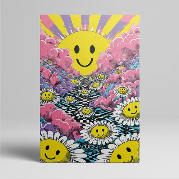 1pc Psychedelic - inspired Canvas Wall Art with a Smiling Sun, Colorful Clouds and Daisy Flowers with Smiling Faces, Framed Decor room hanging Wall Picture Decor for Home Gifts, living room, bathroom