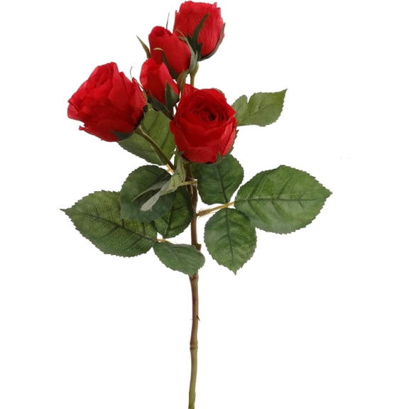 15.4" Red Rose Spray – Artificial Red Rose Stem with 4 Blooms & 1 Bud for Floral