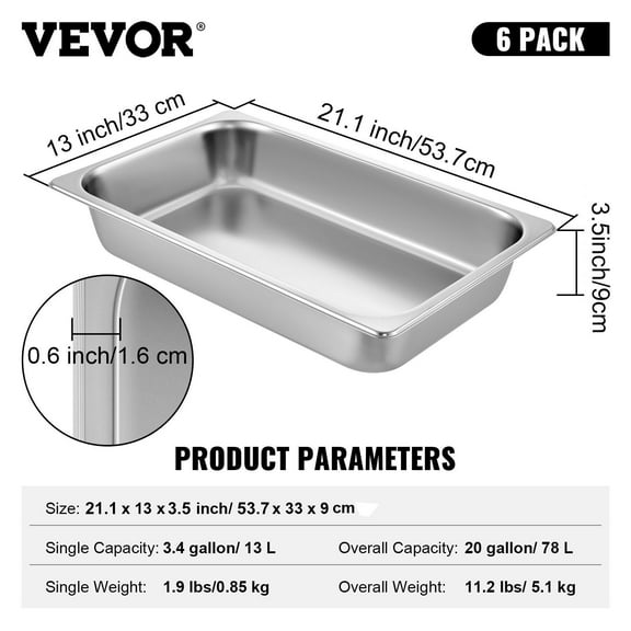 Stainless Steel Deep Steam Table Pans (6-Pack, 13L) - 20.9x12.8x3.9 Inch Full-Size Anti-Jam Food Pans for Buffet, Catering & Oven Use