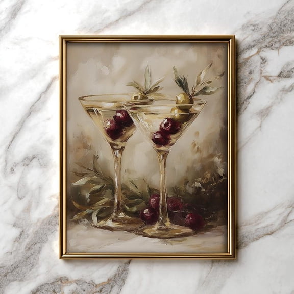 Vintage Martini Glasses Poster - Bart Cart Wall Art, Moody Bar Decor, Romantic Cocktail, Soft Blended Edges, 6, Unframed Poster Size 8x12