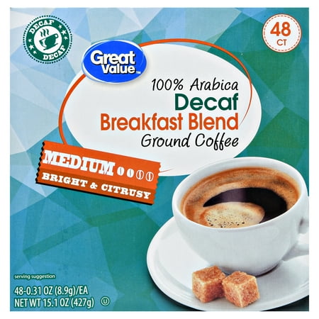 Great Value Decaf Breakfast Blend Ground Coffee Single Serve Cups, Medium Roast, 48 Count