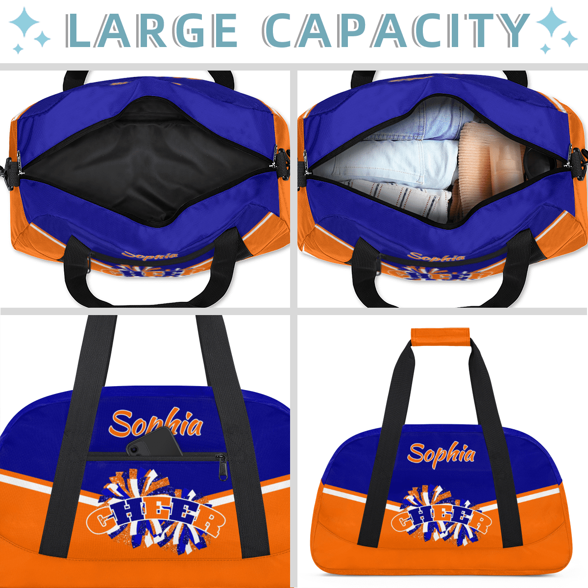 Jiaoprinted Personalized Cheer Bag, Custom Sport Duffel Bag with Name, Customized Cheerleader Dance Bag, Sport Gym Bag Overnight Weekender Bags, Blue Orange