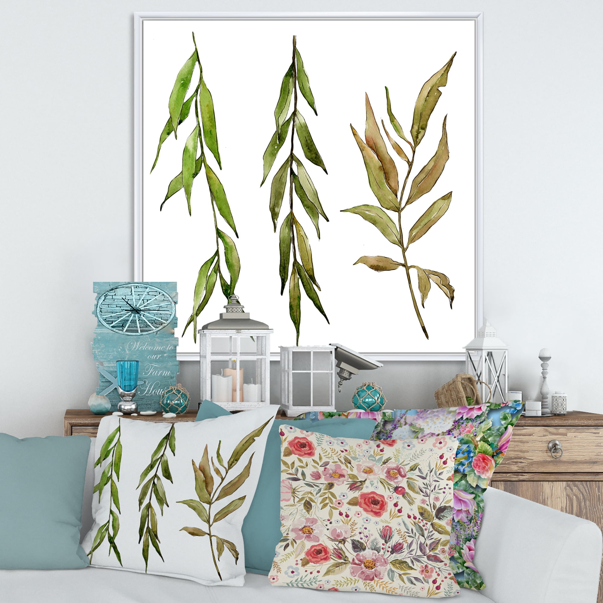Designart 'Three Willow Branches On White' Farmhouse Framed Canvas Wall Art Print