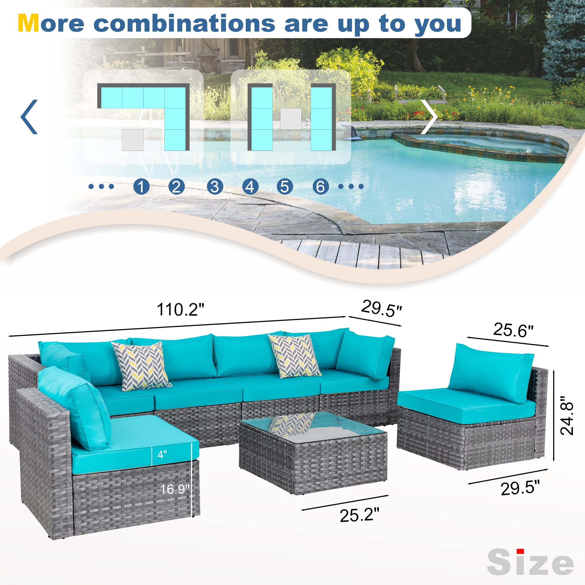 Walsunny 7 Piece Outdoor Patio Furniture Set, All-Weather PE Rattan Wicker Modular Sectional Conversation Sofa Set with Thick Cushions & Glass Coffee Table for Backyard, Poolside, Garden, Blue