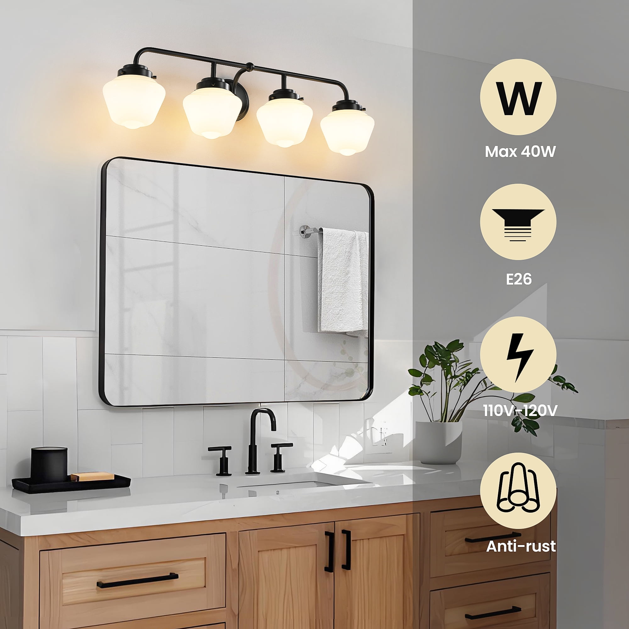Bathroom Vanity Light Fixtures 4-Lights Black Vanity Lights Over Mirror, E26 40W Modern Bathroom Lighting Fixture with Milky White Glass for Bath Restroom