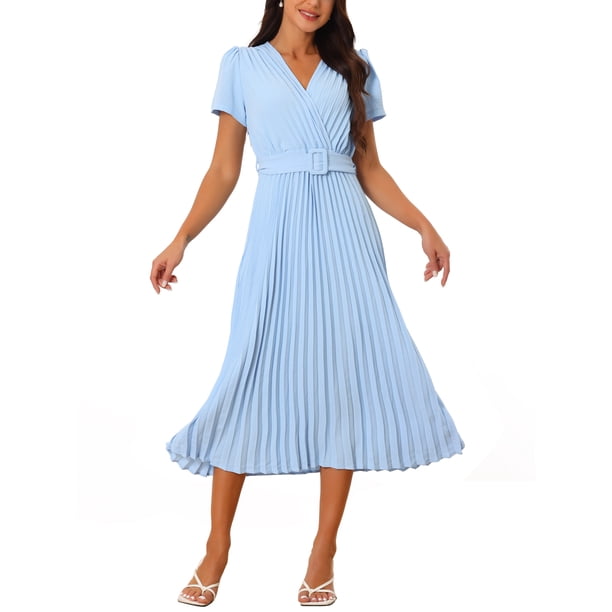 Vestido midi plisado fluido con cinturón de manga corta envolvente y escote en V para mujer INSPIRE CHIC 2024, azul M