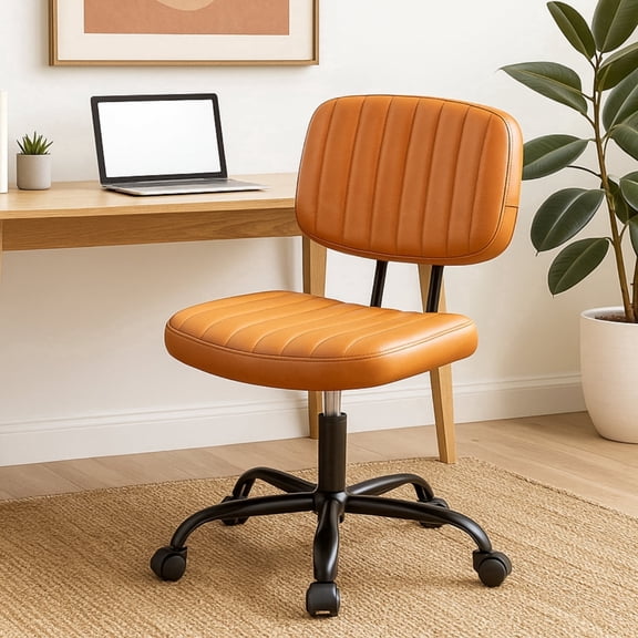 Armless Office Desk Chair, PU Leather Ergonomic Task Chair with Low Back Lumbar Support, Height Adjustable Swivel Computer Chair for Home Office, Brown