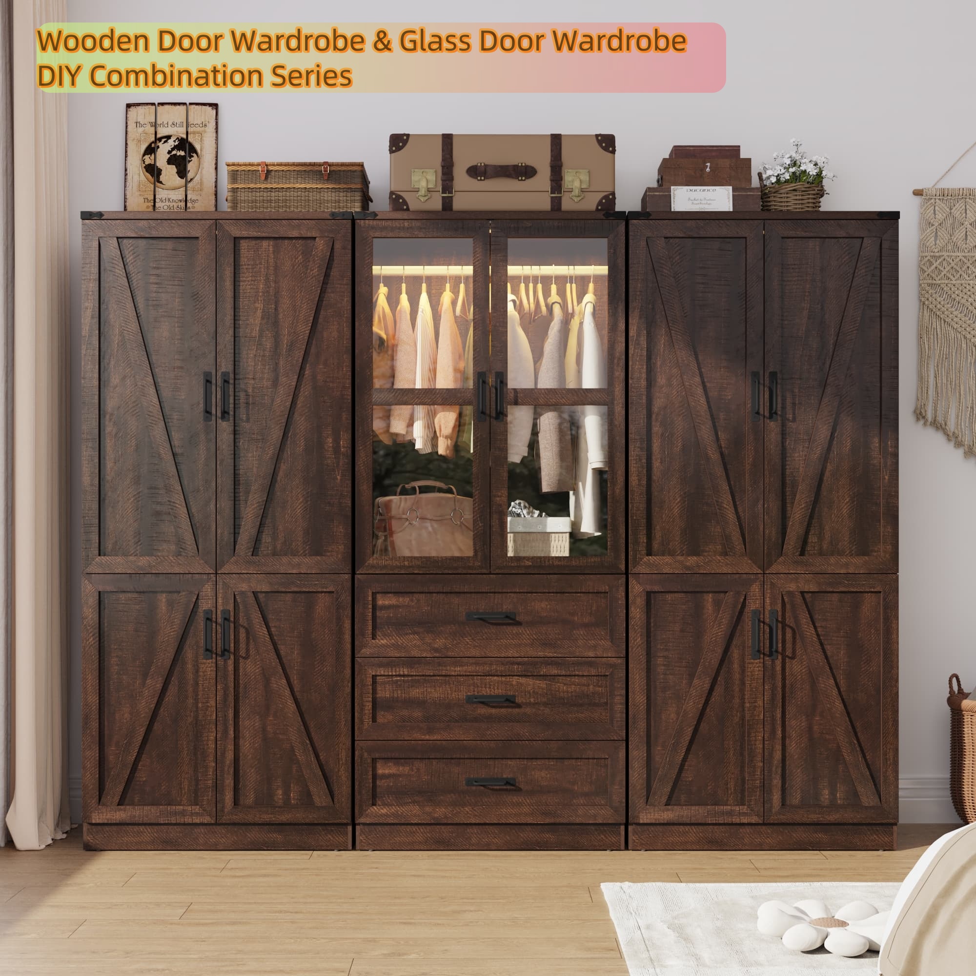 2 Glass Doors Armoire Wardrobe Closet with 3 Drawer & LED Light,75"H Wardrobe Closet Clothing Organizer with Hanging Rail for Bedroom