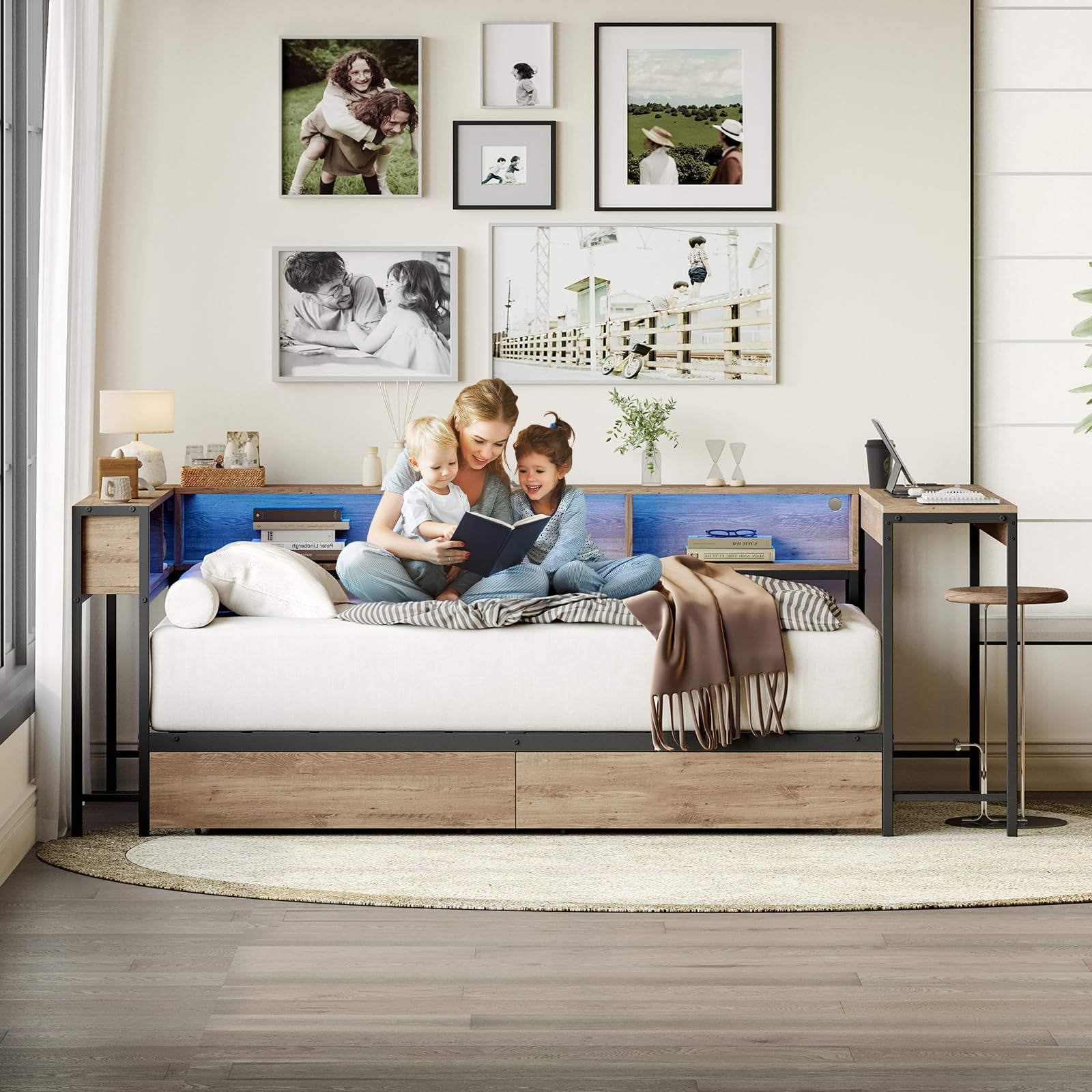 Miniyam Full Size Daybed with Desk and Bookcase Headboard, LED Light Bed with Charging Station and Storage Drawers for Teen, Gray