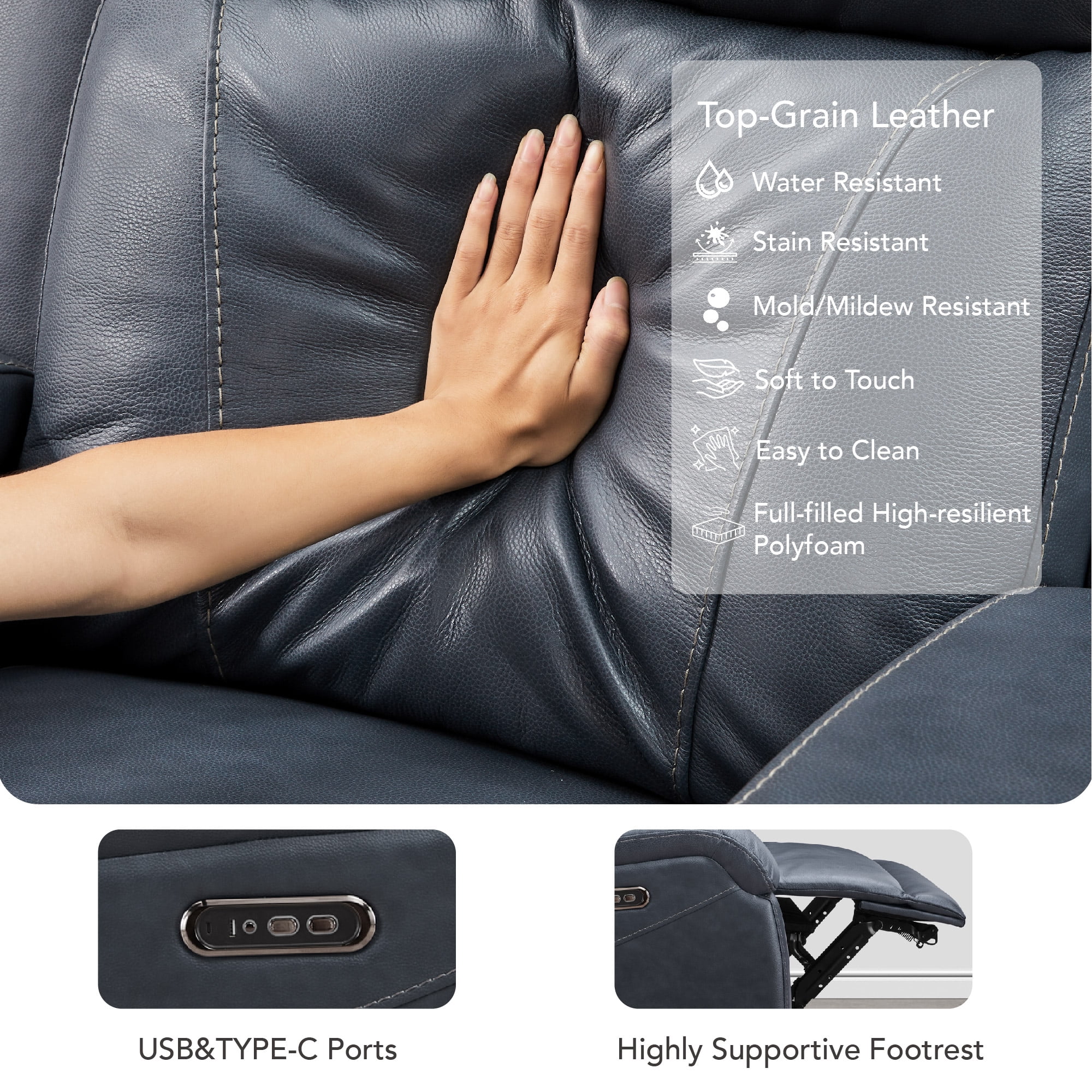 Spruce & Spring Genuine Leather Wall Hugger Power Recliner with Dual Motors, Navy-Medium