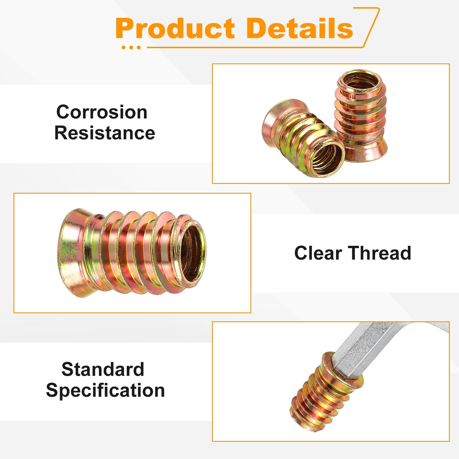 100 Pcs Threaded Insert for Wood, 3/8 - 16 Threaded Studs 25mm Length, Gold