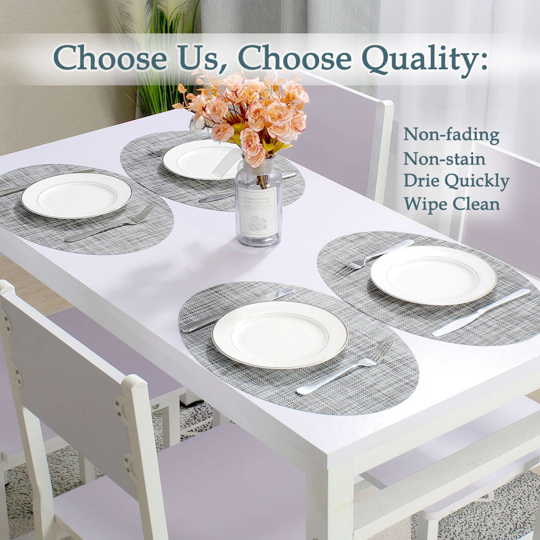Unique Bargains Washable Insulation Mats Woven Oval Placemats Gray 18" x 12" 6 Pcs