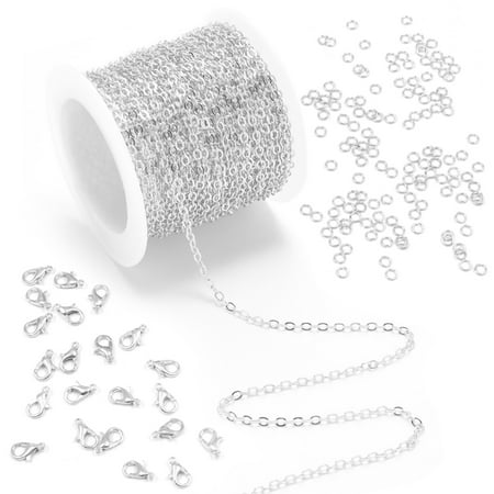 LELE LIFE 32.8Ft Necklace Chain for Jewelry Making Supplies, 2mm Necklace Chains Bracelet Chains, Sliver Plated Necklace Making Kit with 30 Lobster Clasps + 100 Jump Rings, Sliver
