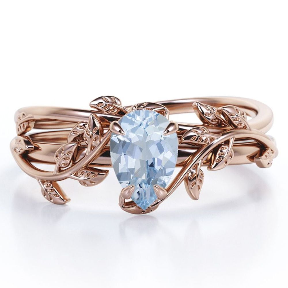 JeenMata Prong Setting 1 Carat Teardrop Created Aquamarine Leaf Pattern Bridal Ring Set in 18K Rose Gold Plating over Silver