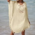 thumbnail image 5 of BSDJILFG Women's Swimwear Cover Ups Long Sleeve Tassel Summer Boho Dress Crochet Crewneck Vintage Loose Fit Bikini Dress, 5 of 5