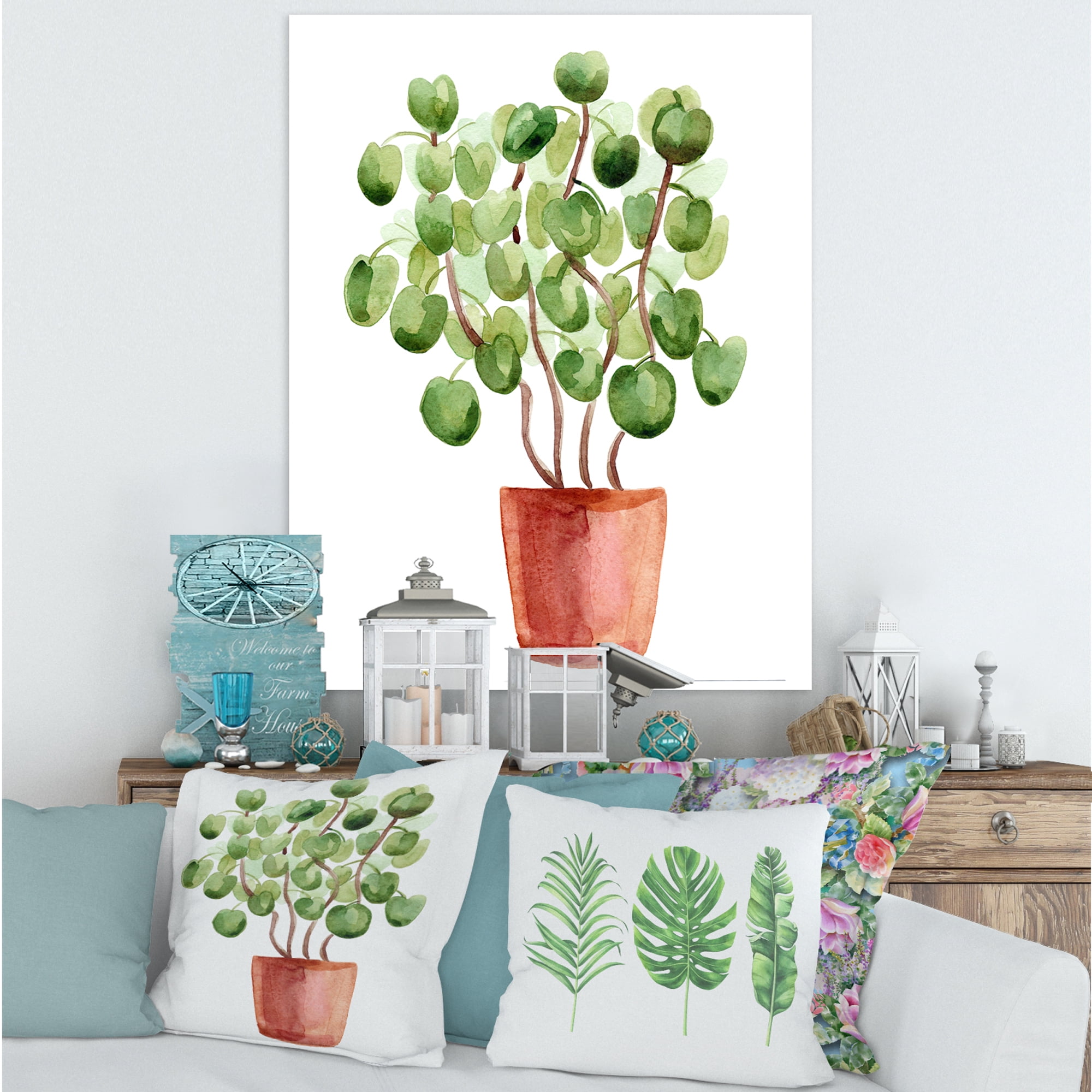 Abstract Chinese Money Plant In Pot 8 in x 12 in Painting Canvas Art Print, by Designart