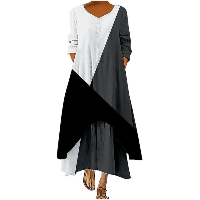 Pompotops Robe Longue Décontractée à Manches Longues et Col Rond pour Femmes avec Boutons et Poches en Solde