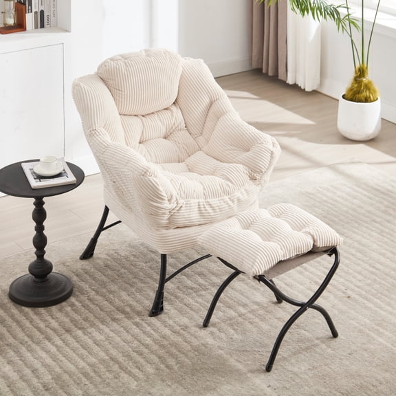 Lazy Chair with Ottoman, Modern Lounge Accent Chair with Armrests and a Side Pocket, Leisure Upholstered Sofa Chair Reading Chair with Footrest for Small Space, Corner Chair (White)