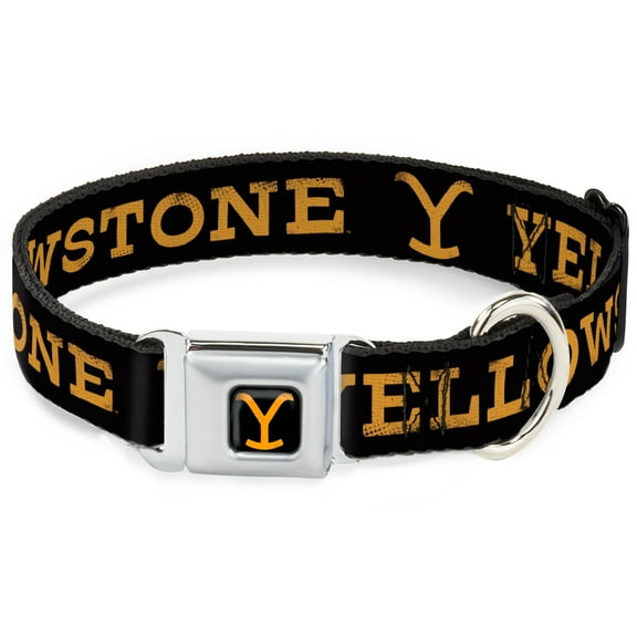 Paramount Network Pet Collar, Dog Collar Metal Seatbelt Buckle, Yellowstone Text and Y Logo Weathered Black Orange, 9.5 to 13 Inches 1.0 Inch Wide