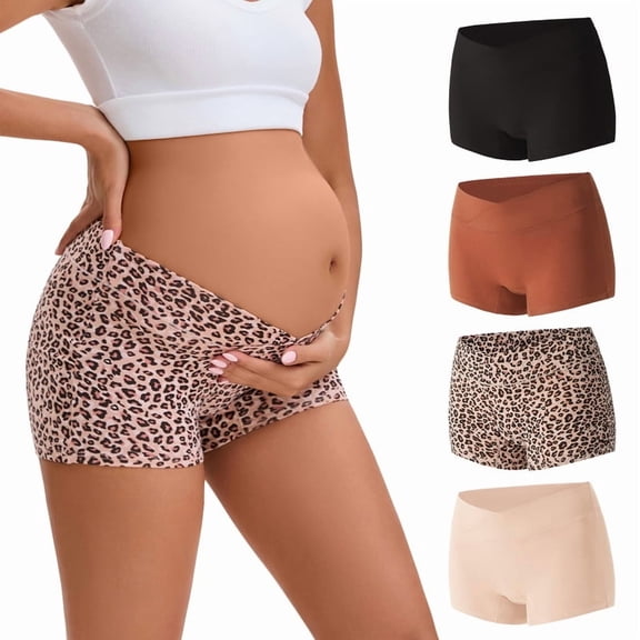 INNERSY Women's Cotton Boyshorts Under The Bump Pregnancy Postpartum Maternity Underwear 4 Pack(M,Leopard Print)