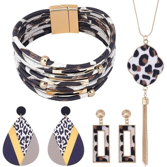 1set Leopard Print Pattern Leather Necklaces & Stud Earring & Multi-layer Bracelets Alloy Jewelry sets for Women Golden 56~820mm