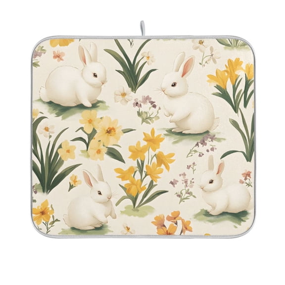 Yayeee Dish Drying Mat for Kitchen Counter 16"x18" Microfiber Absorbent Pad, White Rabbits