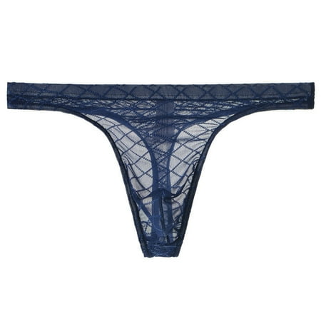 Summercome Men s Sexy Transprant Thong Underwear Low Rise See Through Stretch Panties  Soft and Breathable Men s Comfty Lace Pouch Super Thin G-Strings Underpants  Blue  X-Large