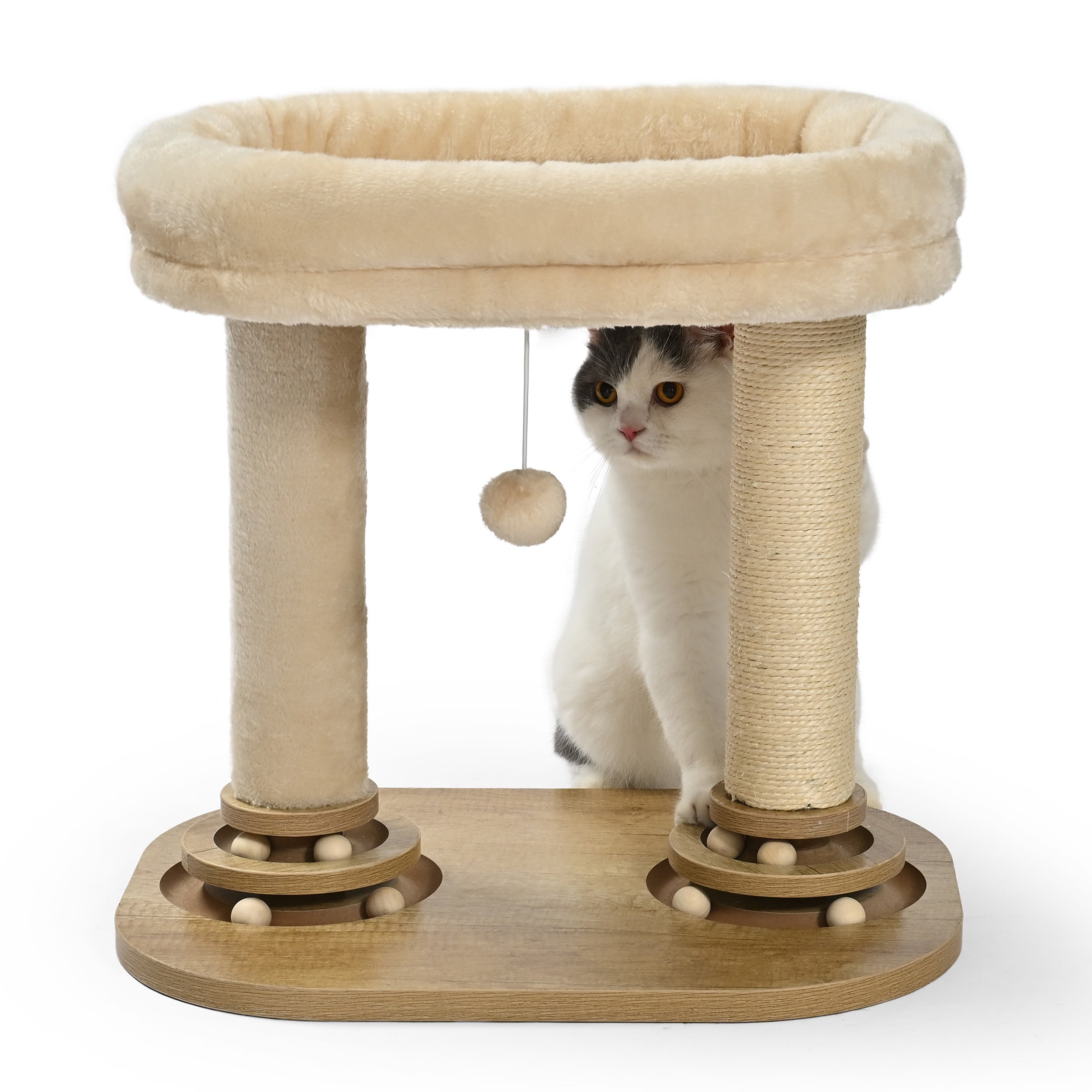 Vibrant Life Double-Post Cat Scratching Post with 2-Level Track Ball, Beige