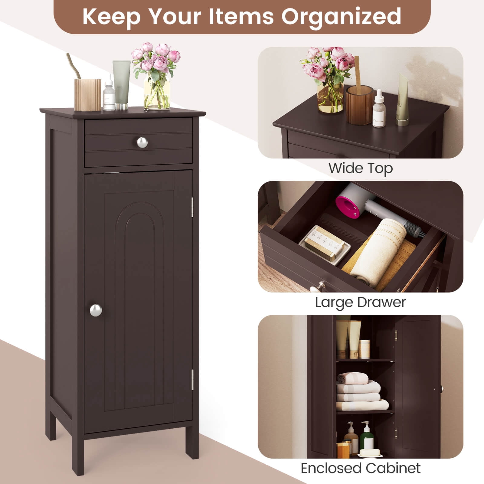 Costway Bathroom Storage Floor Cabinet Organizer Free-Standing w/ Drawer Brown