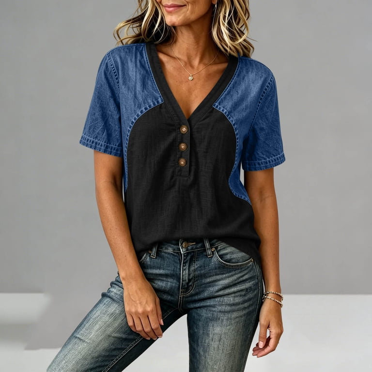 ITSAME Womens V-Neck Tops Denim Patchwork Short Sleeve Shirts