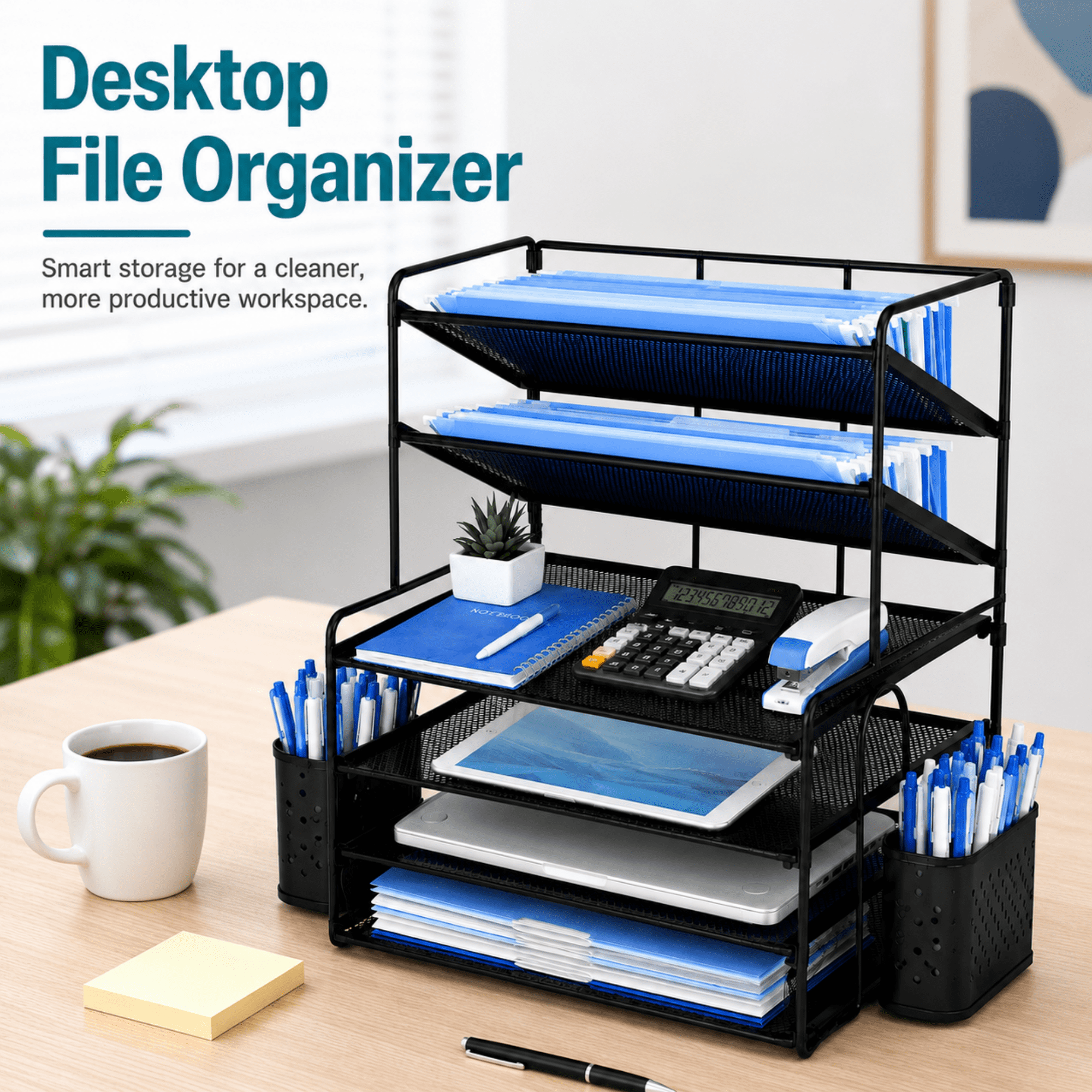 MEHOOM 6-Tier Desk Organizer, Metal File Organizer with Letter Tray Paper Organizer, Desktop Document & Mail Organizer, Office Supplies Organizer with 2 Pen Holders, Office Desk Accessories for Home,
