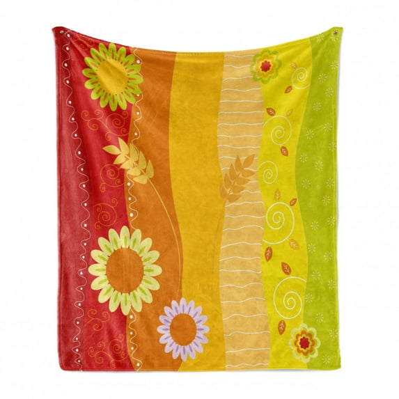 Colorful Soft Flannel Fleece Blanket, Colorful Stripes with Sunflowers and Wheat Farm House Themed Abstract Image, Cozy Plush for Indoor and Outdoor Use, 50" x 60", Green Orange Red, by Ambesonne