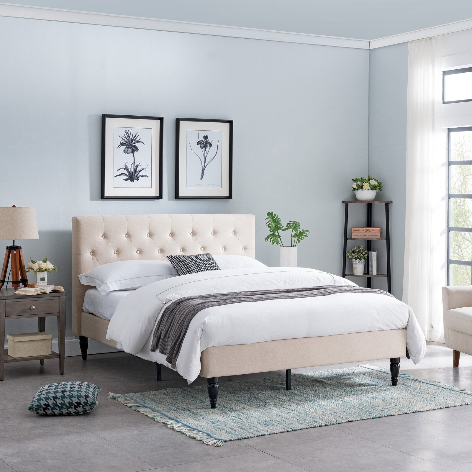 Emmy Queen Upholstered Platform Bed, Box Spring Not Required, Overall