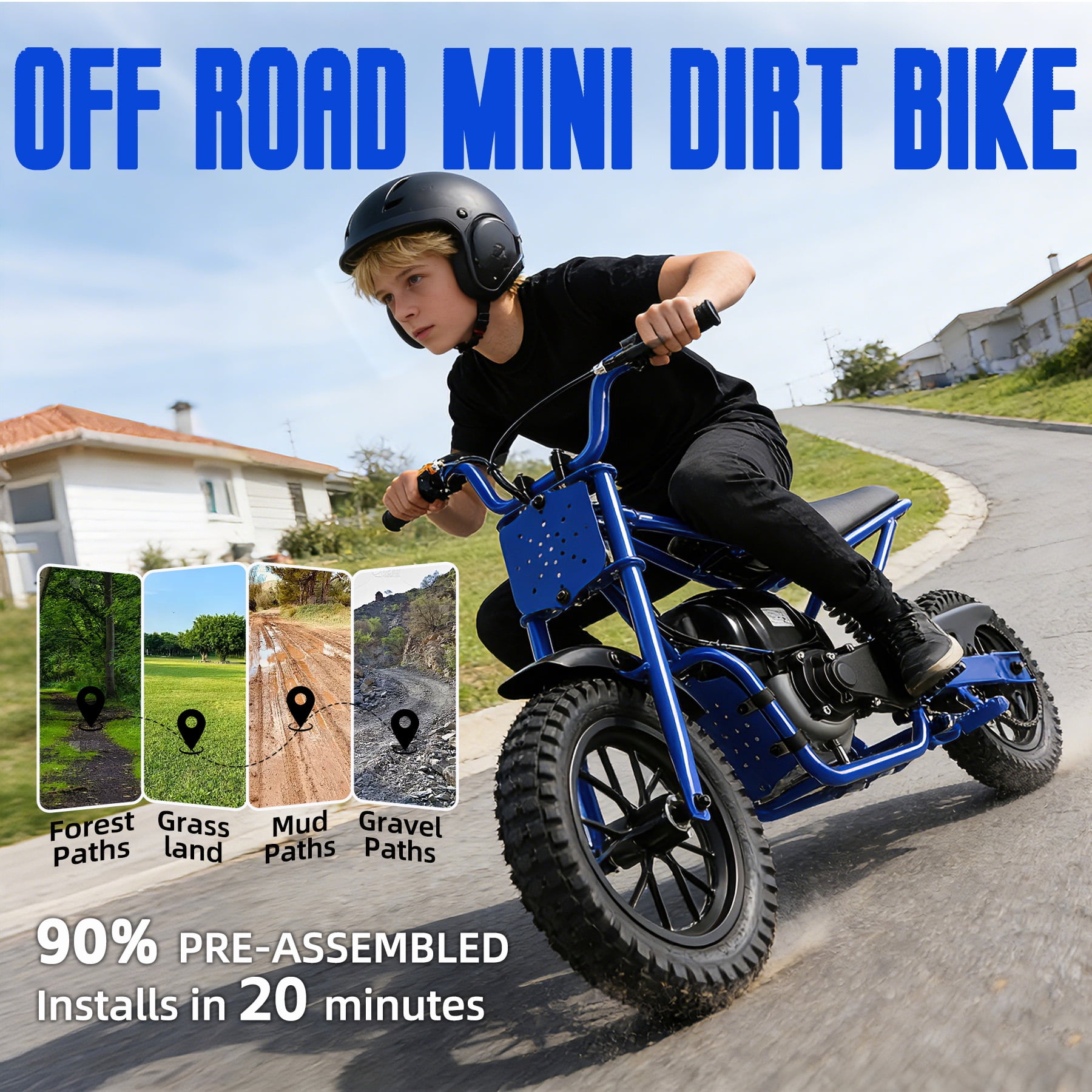 Oryxearth OGM37 Basic Mini Bike Gas Powered, 4-Stroke off Road Bike for Teens, Easy Pull Start, Blue