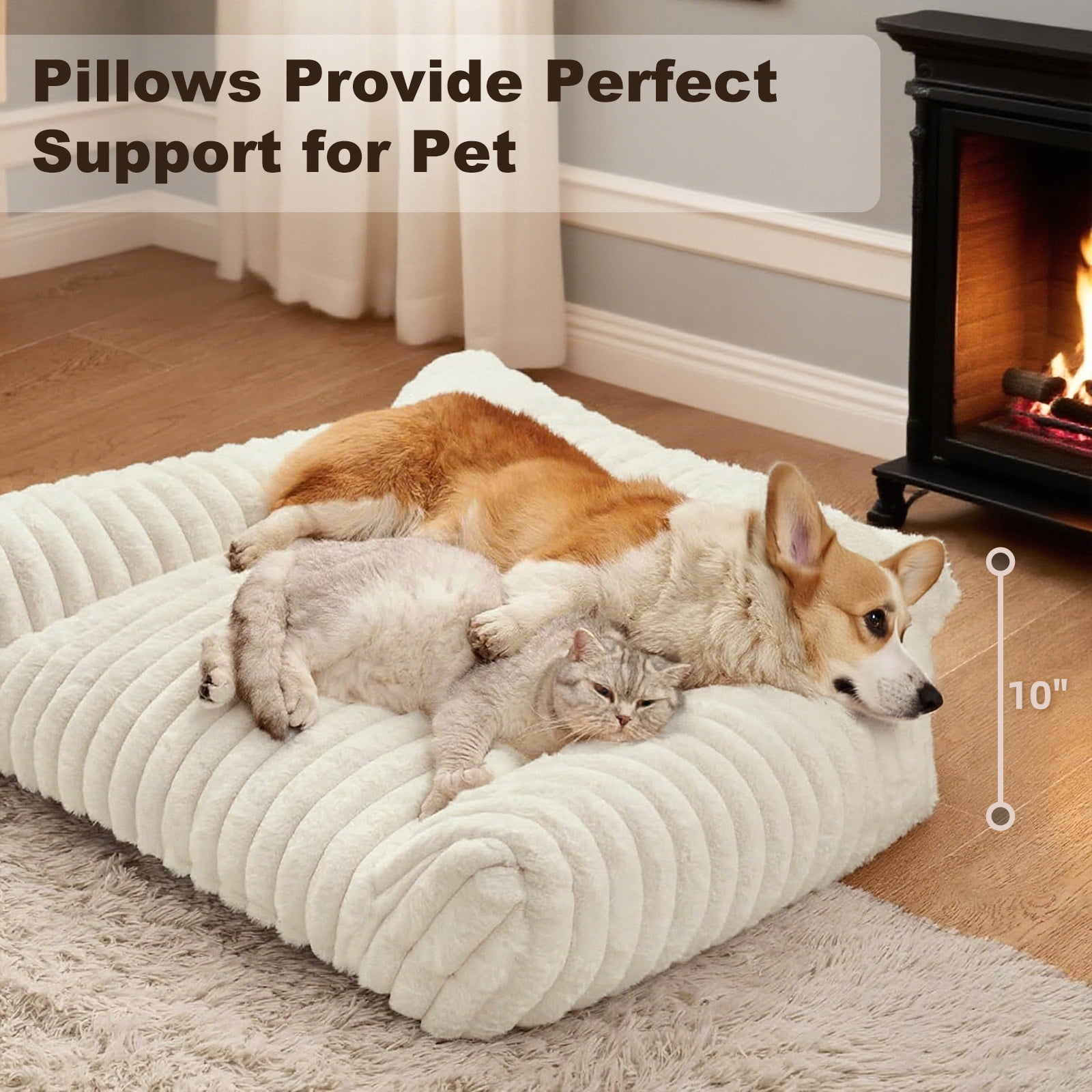 Sanmadrola Cute Cat Bed for Indoor Cats, Couch Bed with Removable Washable,Premium Soft Corduroy Fleece Pet Bed for Small Dog & Cat,Milk White