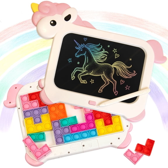 2-in-1 LCD Writing Tablet for Kids 7 inch Drawing Board with Pop it Fidget Puzzle Back - Unicorn Doodle Board & Sensory Toy for Toddlers & Kids Ages 3-8 Travel Learning Gift