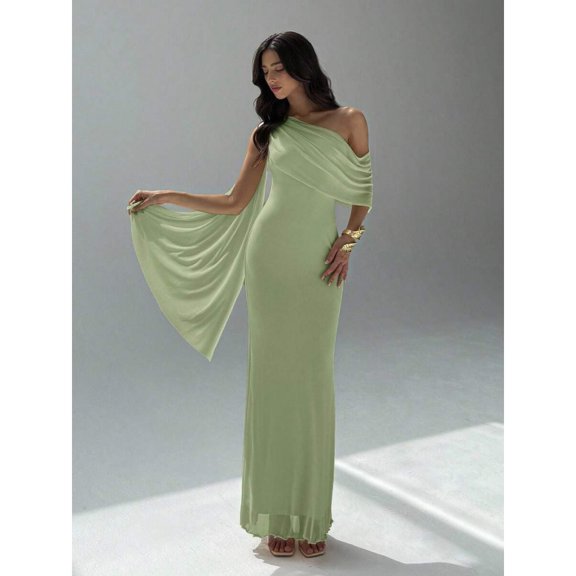 Green Womens Asymmetric One Shoulder Ruched Maxi Dress Elegant Evening Gown