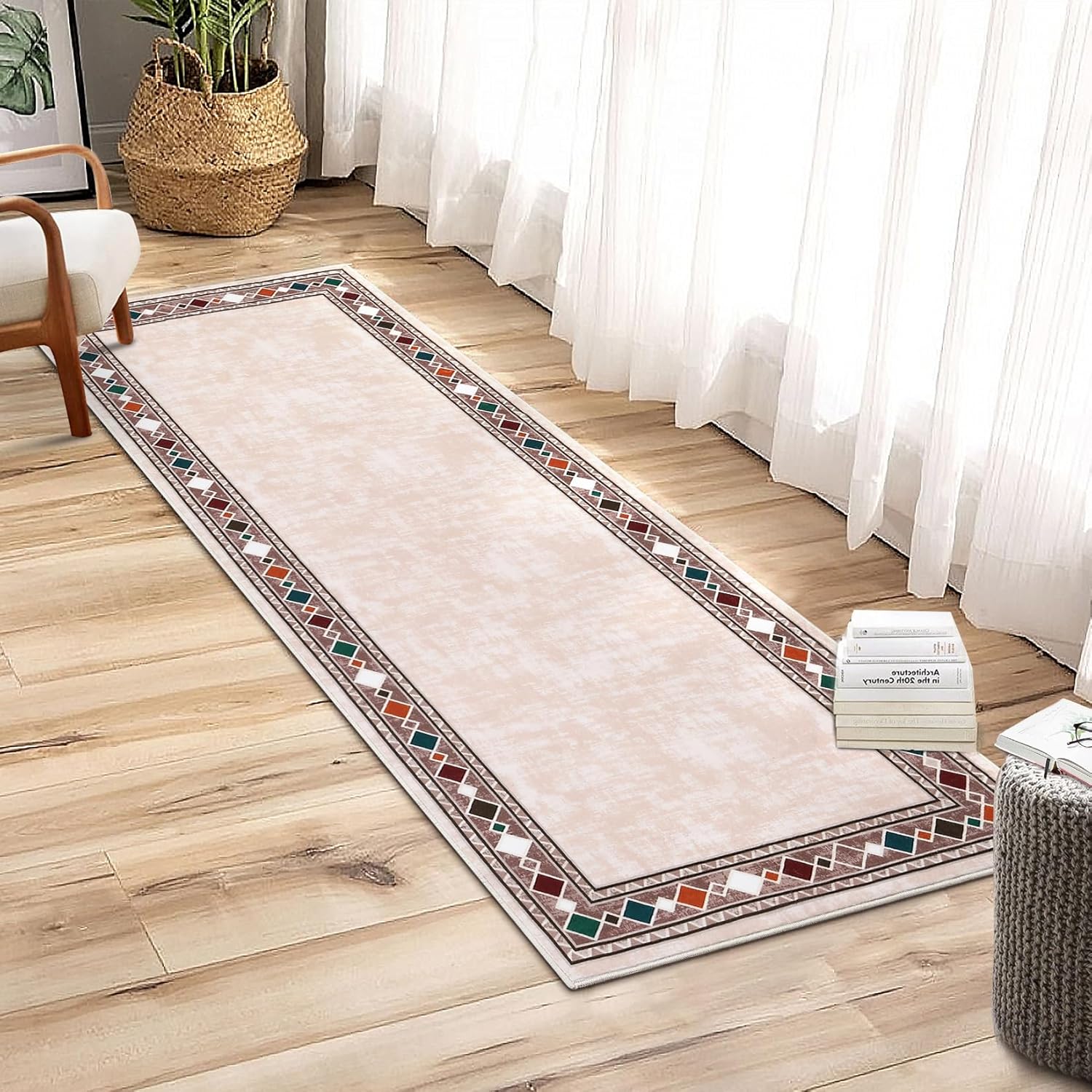 Shininglove Modern Bordered Runner Rugs 2x6ft, Machine Washable Low Pile Carpet with TPR Non-Slip Backing for Laundry Room Bedroom(Beige)