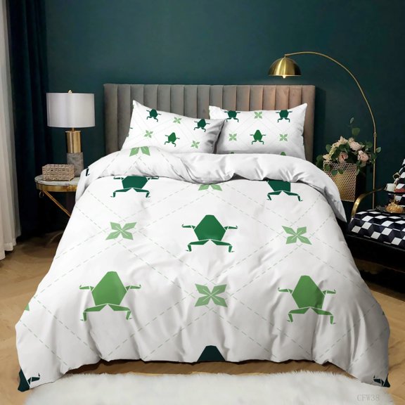 YJHDM White Refreshing 3D Bedding Set Frog Plaid Duvet Cover Pillowcases 2/3pcs for Baby Kid Room