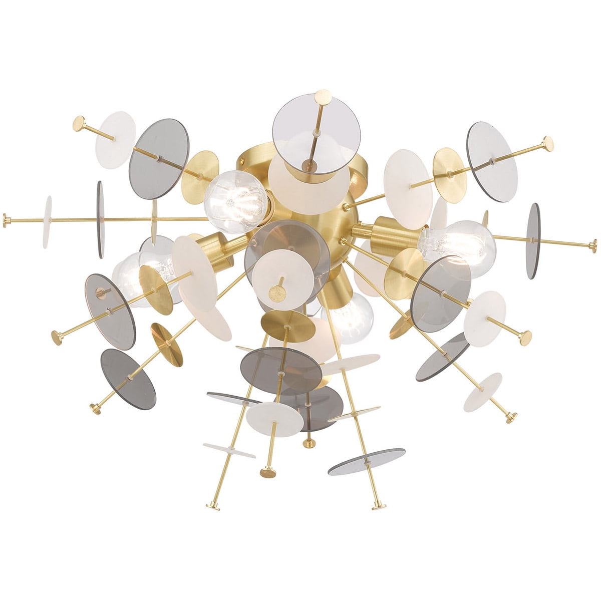4 Light Satin Brass Ceiling Light fixture with Satin Brass Discs & Glass Discs Shade