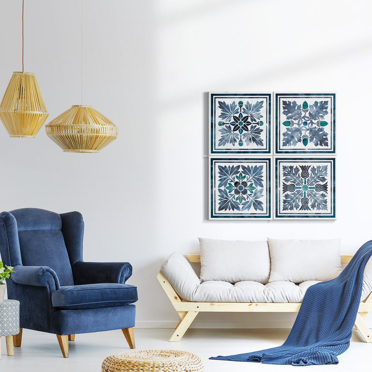 Wexford Home Abstract Wall Art Flower Bluie Pattern Prints 16 x 16 inch Each Panel, Set of 4 Wall Décor for Bedroom Bathroom Living Room