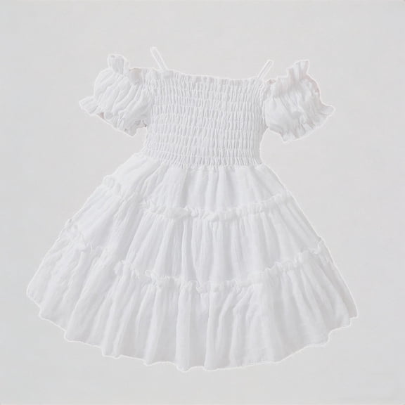REDARER Toddler Girls' Cold-Shoulder Smocked Dress, Tiered Ruffle Cake Dress, Summer Casual Party Princess Dress for Kids,4-5 Years
