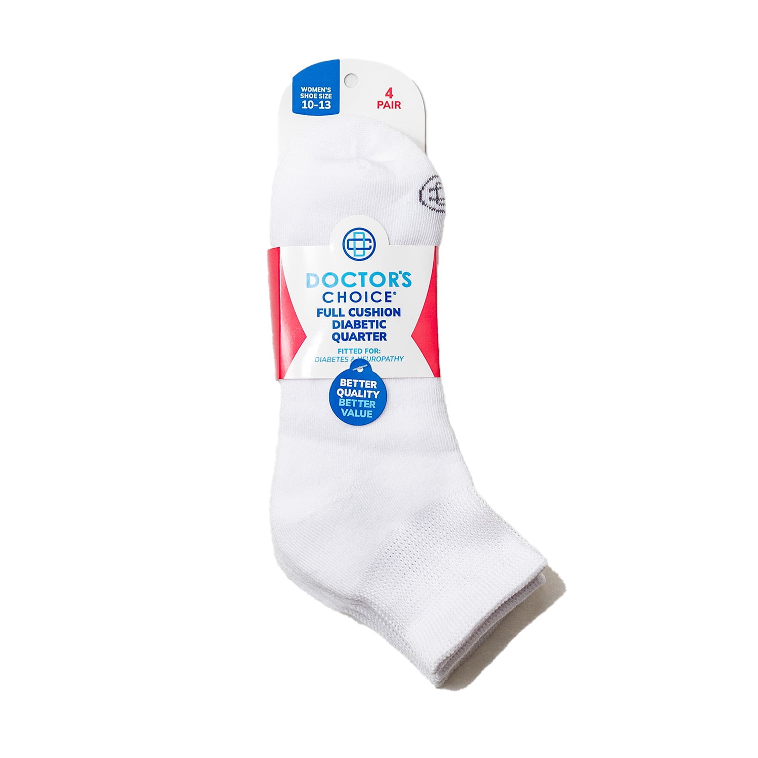 Doctor's Choice Diabetic Full Cushion Quarter Women's Socks, Large, Women's Shoe Size 10-13, 4 Pack