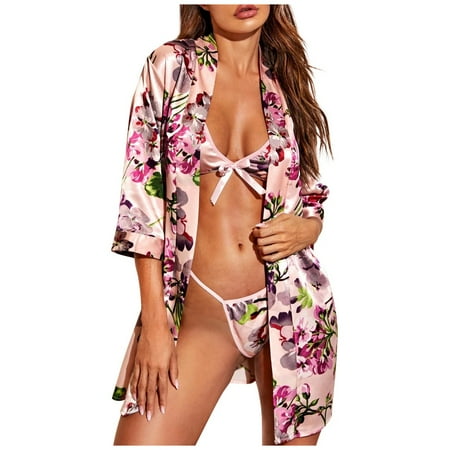 

EHTMSAK Teddy Lingerie Set for Women Babydoll Sexy Lingerie Silk Bra and Panty Sets with Robe Pink XL
