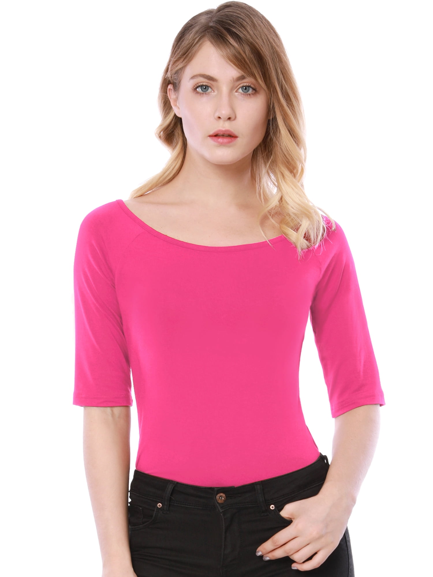 DARING DIVA Women's Slim Fit Pullover Boat Neck Stretchable T-Shirt 2XL Hot Pink
